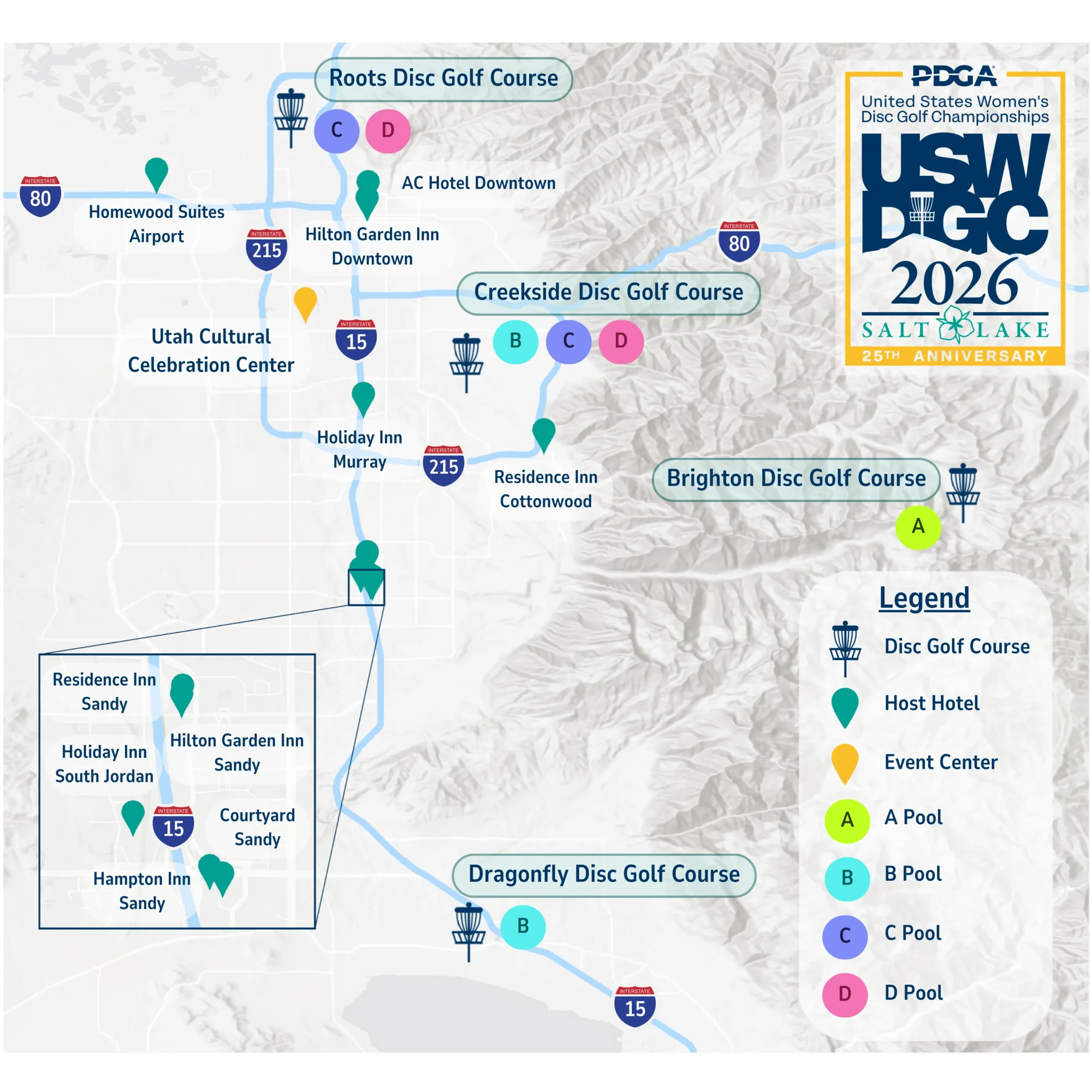 Salt Lake Valley map showing USWDGC 2026 courses and host hotels