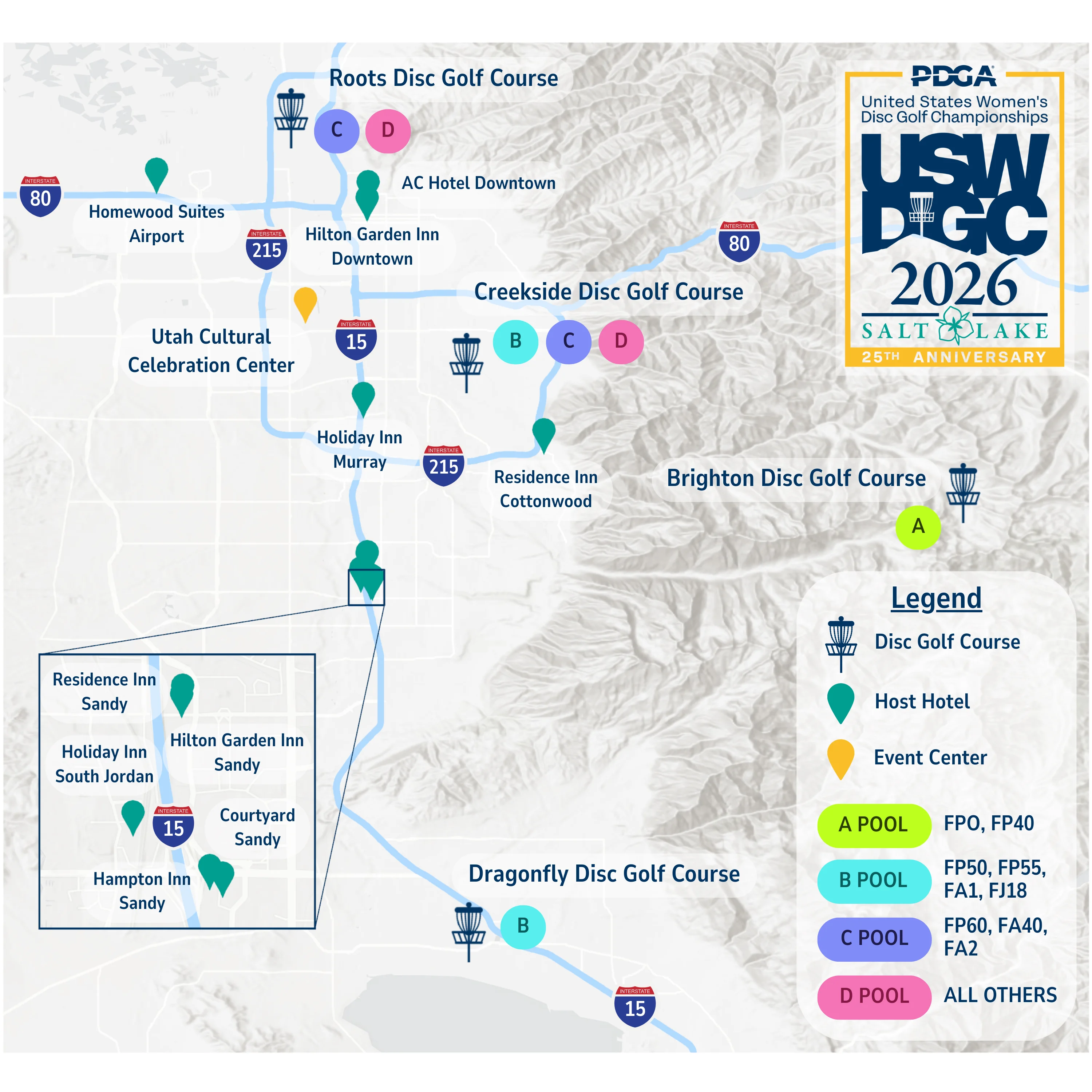 Salt Lake Valley map showing USWDGC 2026 courses and host hotels