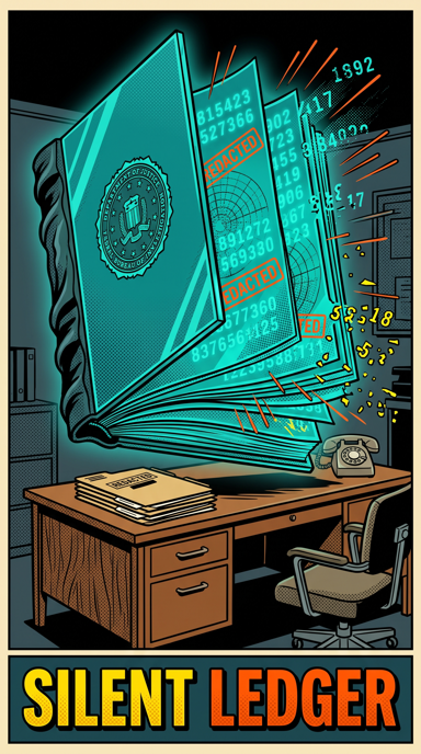 Silent Ledger bag tag artwork