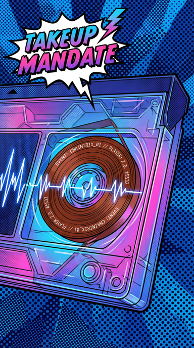 Takeup Mandate bag tag artwork