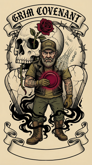 Grim Covenant bag tag artwork